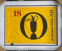 Item 10 - Framed Royal Portrush 2025 pin flag signed by Scottie Scheffler